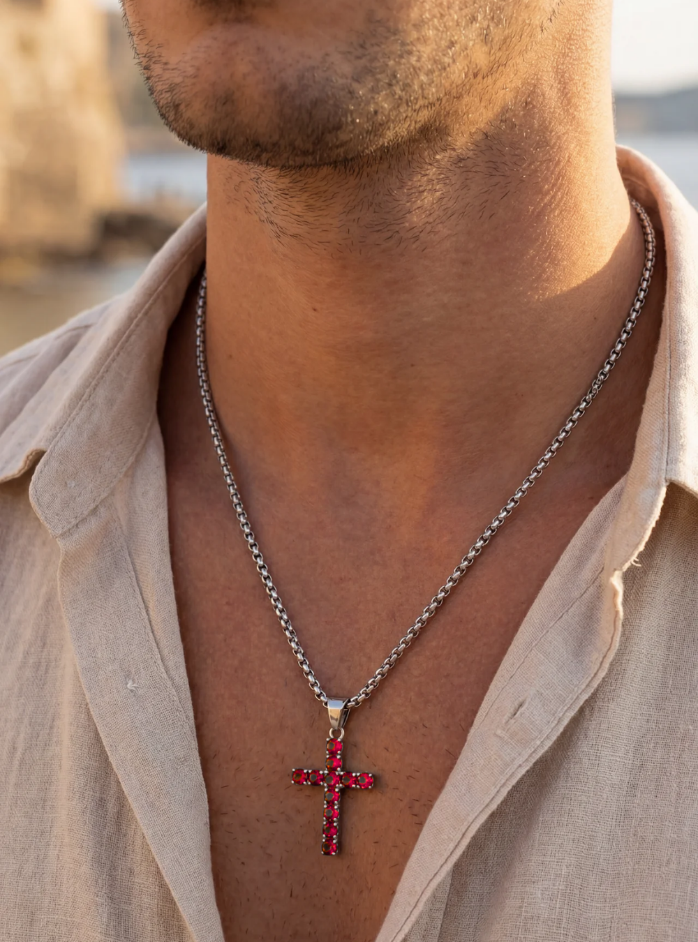 Zirconia Cross Necklace | Crimson red
